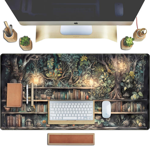 Forest Library Book Mouse Pad, Mystical Green Tree House XXL Extended Gaming Desk Mat for Women 31.5x15.7 in