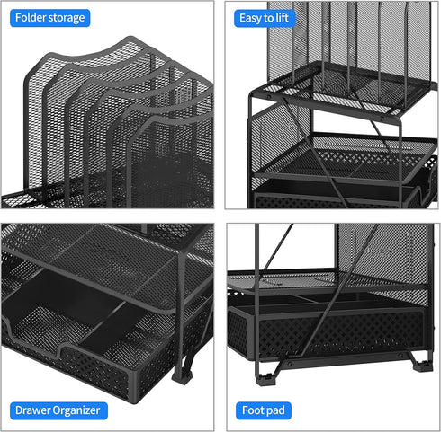 Simple Trending Mesh Desk Organizer with Sliding Drawer, Double Tray with 5 Sections File Bookshelf, Black