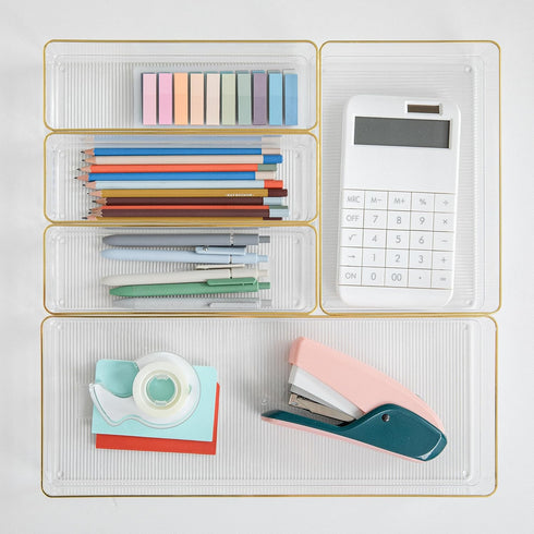 Martha Stewart Kerry Plastic Stackable Office Desk Drawer Organizers, Set of 5 with Gold Trim