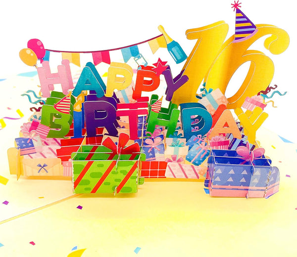 Liif Happy 16th 3D Greeting Pop Up Birthday Card, Large Size 8 x 6 inch for Girl, Boy, Son, Daughter