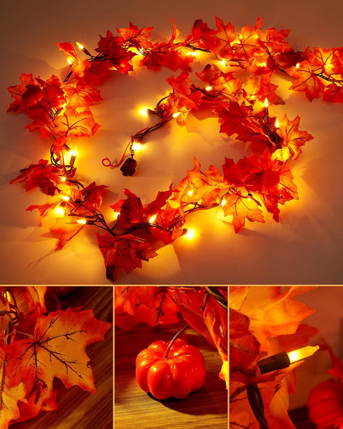VCOKEN 11FT Fall Garland With Lights - 50 Bulbs Connectable Maple Leaves