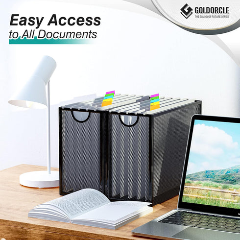 Hanging File Organizer, Letter-Size File Holder Filing Box with 5 Hanging Folders, Metal Mesh Desk File Folder Storage
