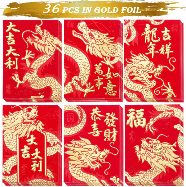 Red Envelopes for Chinese New Year of The Dragon 2024, Lucky Money Envelopes with 6 Gold Embossed Patterns, 36Pcs Medium