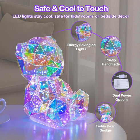 Aladdinas LED Night Light, Holographic Iridescent Diamond Design, Ready to Gift, Lamp Present, Nursery, Decor (Teddy