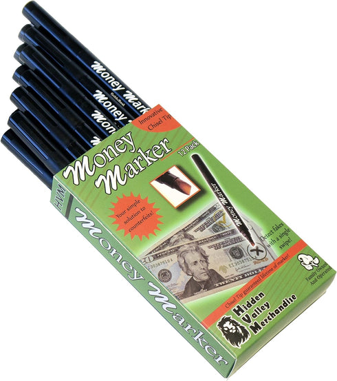 Money Marker (12 Counterfeit Pens) - Counterfeit Bill Detector Pen with Upgraded Chisel Tip for Universal Currency