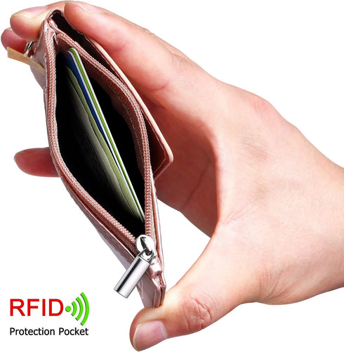 ELV Badge Holder with Zipper, PU Leather ID Card Holder Wallet with RFID Blocking Pocket and Lanyard (ROSE GOLD)