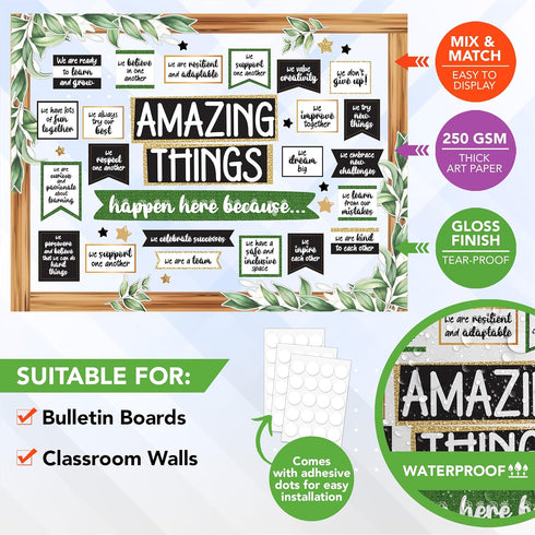 Decorably 105 Pcs Farmhouse Bulletin Board Decorations Set with Borders, Amazing Things Happen Here Classroom Decor