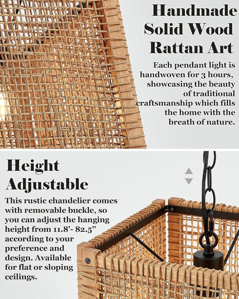 1-Light 12" ELYONA Rattan Pendant Light, Square Solid Wood Frame Woven Pendant Light Fixtures Boho Adjustable Hanging