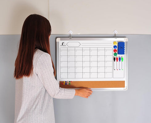 Whiteboard Monthly Wall Calendar Set | 24 x 18 inch Magnetic Dry Erase/Cork Board Planner with Accessories