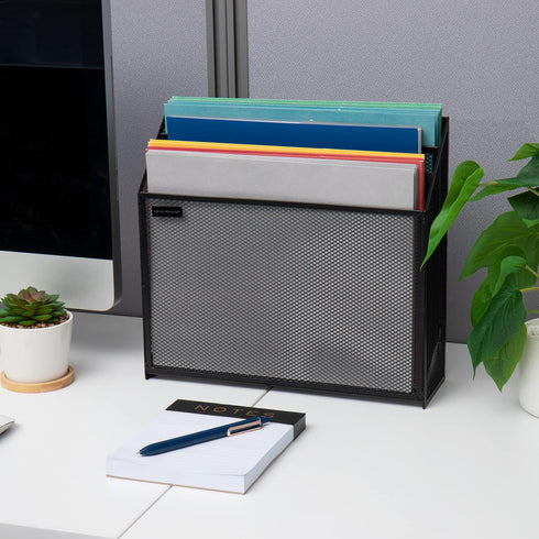 Mind Reader Vertical File Storage - Desktop Organizer, Metal Mesh, 12.5" L x 3.75" W x 11.5" H, Black
