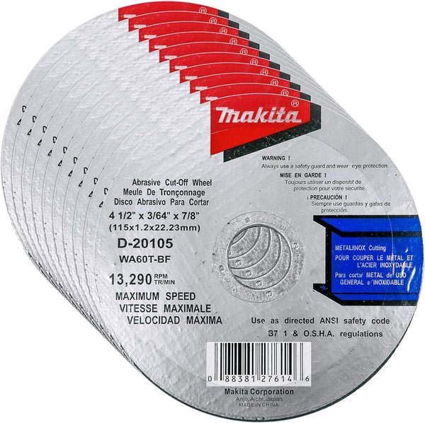 Makita 10 Pack 4.5" Cut Off Wheels for Grinders, Aggressive Cutting for Metal & Stainless Steel/INOX