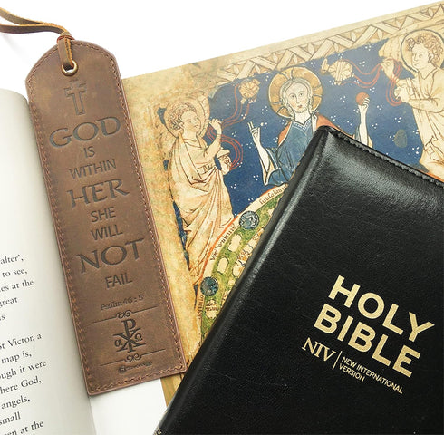 Leather Bible Bookmarks - 2 Christian Bookmarks with Inspirational Verse | Psalm 46:5 | Perfect Gifts