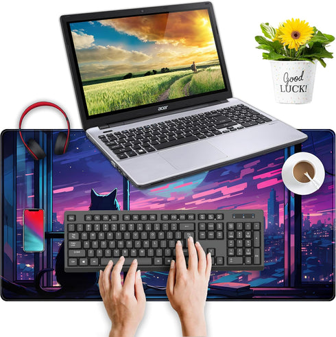 XXL Large Cool Purple Kawaii Anime Moom Cat Desk Mat, Cute City Cats Gaming Mouse Pad 31.5x15.75 in