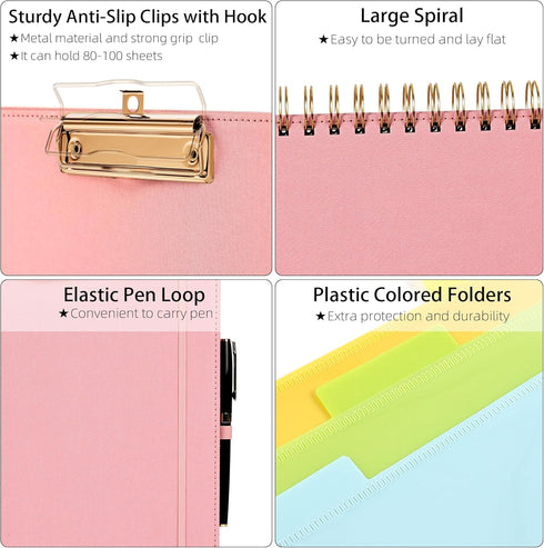 Ospelelf Pink Foldable Spiral Clipboard Folio with 39 Stickers, 5 Plastic Folders, 10 Pockets, Zipper Pouch, Refillable