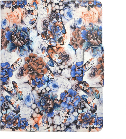 Padfolio Ring Binder with Color File Folders, Flower Painting PU Leather Organizer Portfolio (Blue)