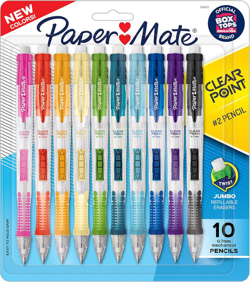 Paper Mate Clearpoint Mechanical Pencils, 0.7mm HB #2 Pencil Lead, 2 Pencils, 10 Count, Assorted Barrel Colors