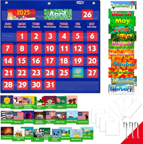 Blue Calendar Pocket Chart with 76 Cards - 68 Illustrated Activity Cards, 8 Dry Erasable Flash Cards & 3 Hooks