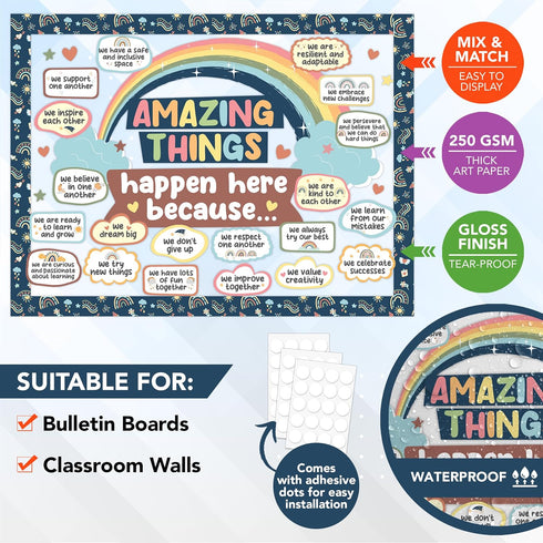 Decorably 112 Pcs Boho Bulletin Board Decorations Set with Borders - Boho Classroom Decor, Boho Classroom Decorations for Teachers, Boho Rainbow Bulletin Board Decorations by Decorably