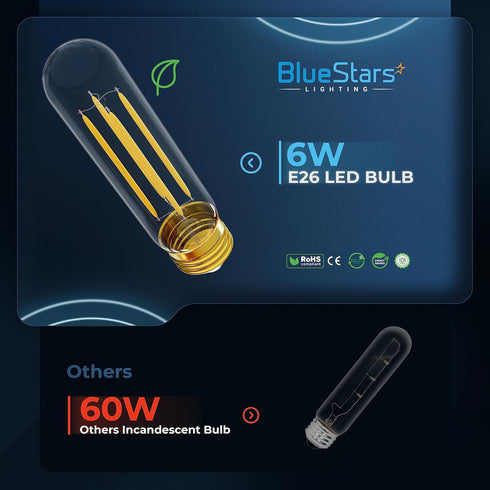 5in T10 Bulbs 6W T30 E26 4000K 60W DIMMABLE, 660 6 Packs BlueStars Tubular LED Light Medium Base, Natural Daylight