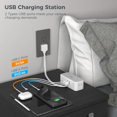 TESSAN Short Extension Cord 6 Inch, Slim Flat Thin Plug Power Strip with 4 AC Outlets and 3 USB Charging Ports