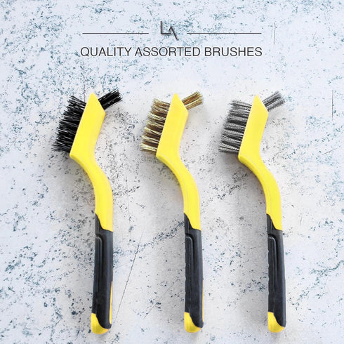 Set 3Pcs 7 Inches Lavaxon Wire Brush - Nylon/Brass/Stainless Steel Bristles with Curved Handle Grip for Rust, Dirt