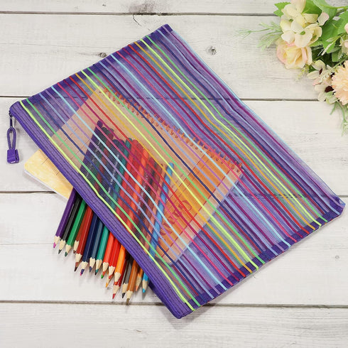 MECCANIXITY A4 Colorful Mesh Zipper Pouches, 6 Pack Pencil Case Document File Bags, Purple