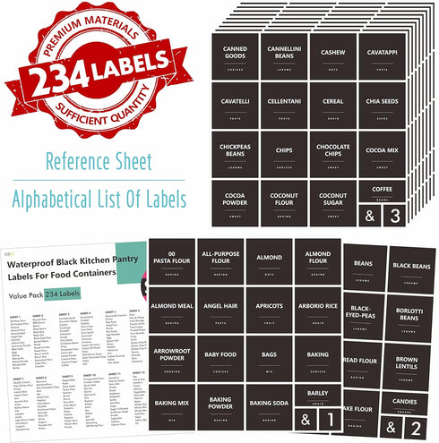 Hebayy 234 Minimalist Kitchen Food Labels, 216 Preprinted Stickers for Pantry Containers, Waterproof, No Residue