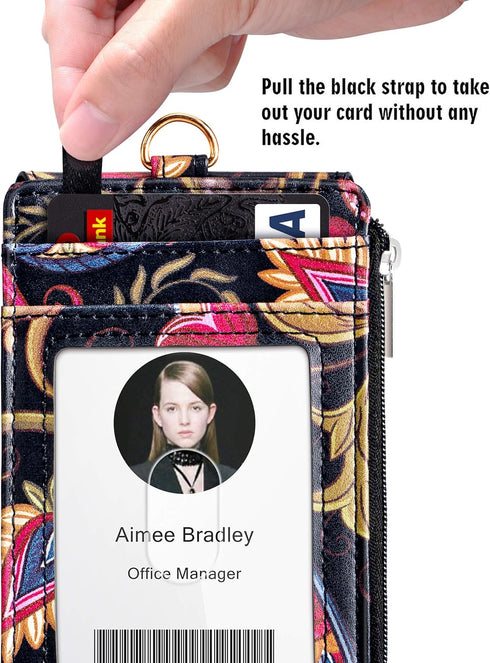ELV Badge Holder with Zipper - ID Badge Card Holder Wallet with 5 Card Slots and RFID Blocking Pocket, 20 inch Lanyard
