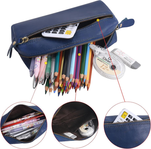 WONDERPOOL Pen Case Real Leather Pencil Pouch Markers Holder Big Capacity Bag with Side Zippered Pocket for Stationery