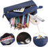 WONDERPOOL Pen Case Real Leather Pencil Pouch Markers Holder Big Capacity Bag with Side Zippered Pocket for Stationery