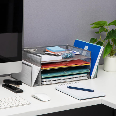Mind Reader Desktop Organizer, File Storage, Paper Tray, Metal Mesh, 16.75"L x 9.15"W x 6"H, Silver