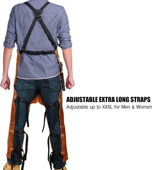 QeeLink Leather Welding Apron Split Leg for Men - Spark Flame Heat Resistant Bib Protective Chaps - Heavy Duty Cowhide