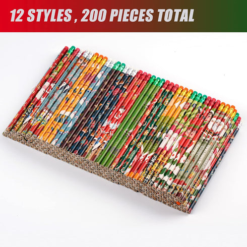 Kolewo4ever 200 Pieces Christmas Pencils Wood Pencils with Eraser Tops, 12 Styles