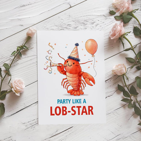 ZGLDesigns Cute Lobster Birthday Card - Party Like A Lob-Star - Funny Celebration - Kawaii Birthday Anniversary - Card