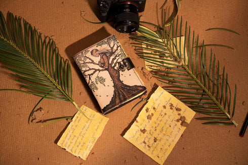 Handmade Leather Mother of Earth Journal – Tree of Life Design, Unique Printed Leather Bound Book with Lock Clasp