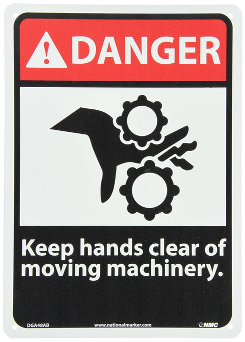 NMC DGA48AB ANSI Sign, "DANGER - Keep hands clear of moving machinery," 10" x 14", Aluminum, Black/Red