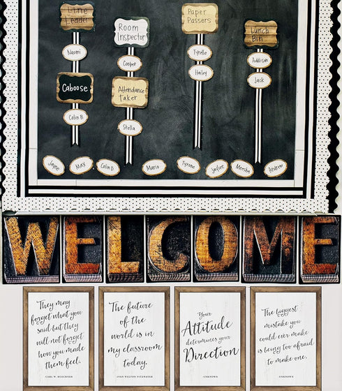 Schoolgirl Style Rustic Welcome Bulletin Board Set—Farmhouse Welcome Sign Letters, 11 pc Industrial Chic Decor