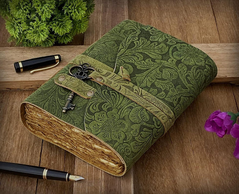 SH SHIFAA HANDICRAFT Leather Journal - Antique Handmade Deckle Edge Vintage Paper Leather Bound Journal - Book of Shadows Journal - Leather Sketchbook - Drawing Journal - Great Gift (Green), 7 x 5 by SH SHIFAA HANDICRAFT