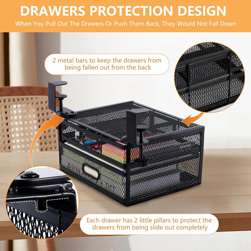 Sliding Under Desk Drawer Organizer with 2 Drawers, No Drilling, Metal Clamp for Home & Office Storage