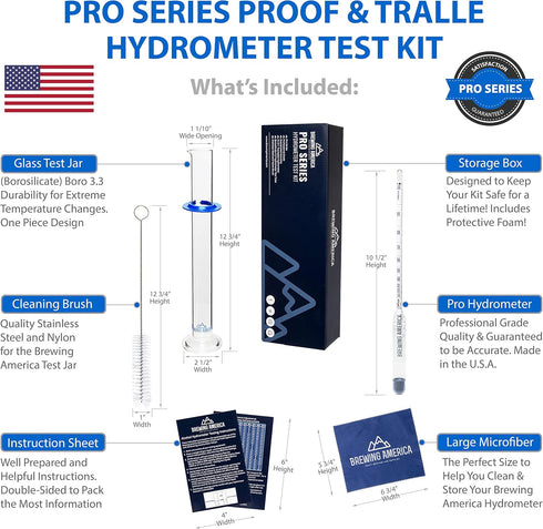 Hydrometer Alcohol Meter Test Kit, 0-200 Proof Pro Series, American-Made with Glass Jar