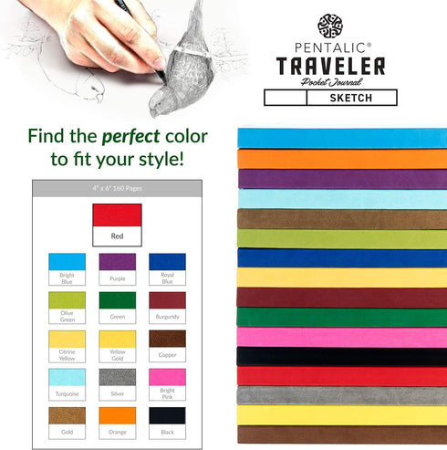 Pentalic Pocket Sketchbook Traveler Journal, 4" x 6", Red, 160 Pages