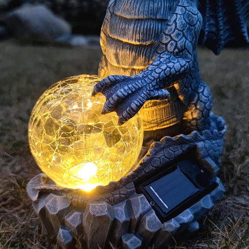 RCTTICUU Solar Dragon Garden Statues Outdoor Decor, Resin Dragon Figurine with Solar Crackle Globe LED Lights Lawn