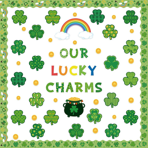 St. Patrick Shamrock Bulletin Board, 121P Classroom Decor with Clover Gold Rainbow Stockpot Cutouts for Home