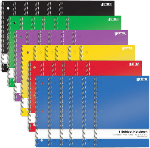 Better Office Products 1-Subject Spiral Notebooks, 24 Pack, Wide Rule, 70 Sheets, 8 x 10.5 Inches, Assorted Colors