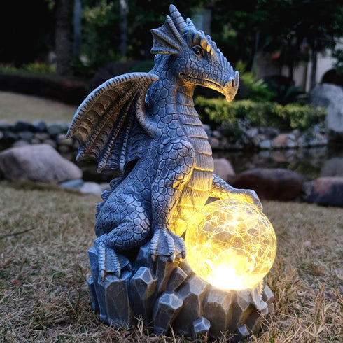 RCTTICUU Solar Dragon Garden Statues Outdoor Decor, Resin Dragon Figurine with Solar Crackle