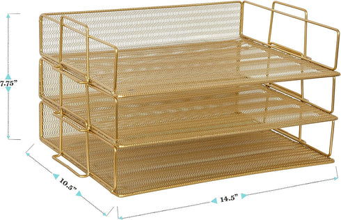 Martha Stewart Ryder 3 Tier Desk Letter Tray Organizer, Stackable Steel Mesh Inbox Tray for Files and Papers (Gold)