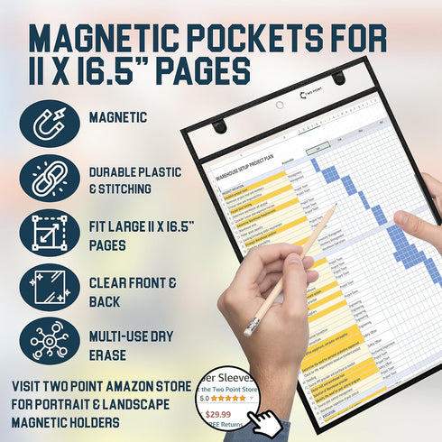 Two Point (25-Pack) 11 16.5 inch Huge Magnetic Dry Erase Pockets by - Portrait - Fits x Pages, Black Dry Erase Sleeves