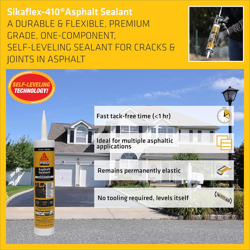 Sikaflex-410 Black Asphalt Sealant, Self-Leveling Hybrid Sealant for Filling Cracks, 9 fl. oz. Cartridge for Driveways,