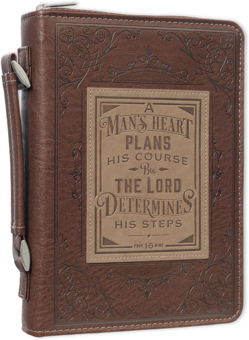 Christian Art Gifts Men's Classic Bible Cover - A Man’s Heart Proverbs 16:9, Brown/Tan Faux Leather, Medium