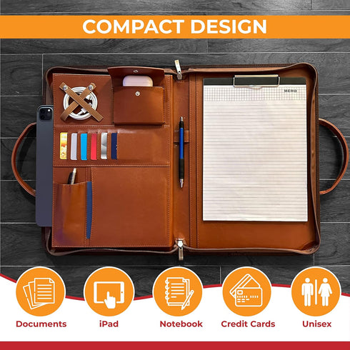 FUNTACY Premium Leather Portfolio with Handles, Slim Padfolio with Multiple Compartments for Documents, iPad, Notebook
